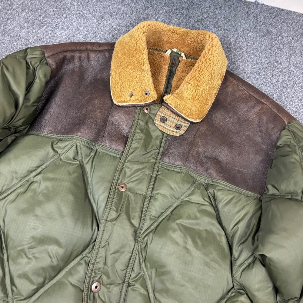 1871 Authentic Outdoor Clothing Mens Down Puffer Jacket Leather Yoke Green Large